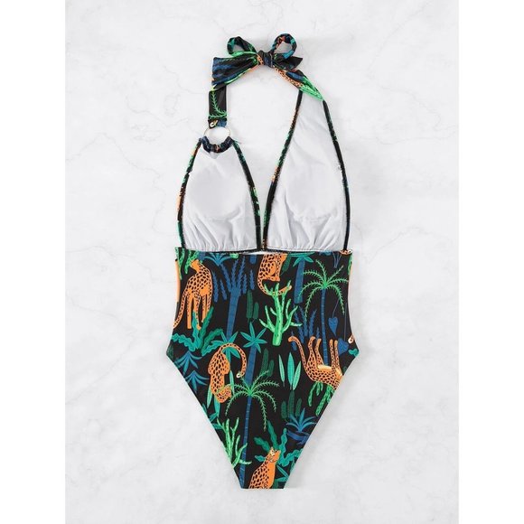 NEW Leopard & Tropical Print Plunging One Piece Swimsuit S - Picture 3 of 6